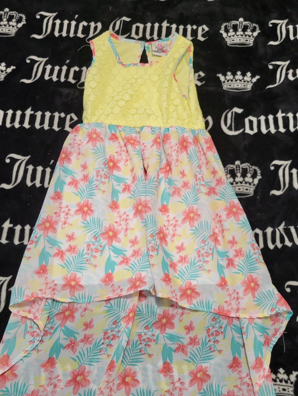 Real Love Girls Yellow Lace Top Floral Hi-Low Dress Size 7/8